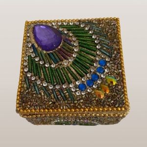 Vintage gold and green small beaded box, peacock inspired